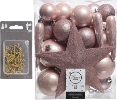 33x stuks kunststof kerstballen 5, 6 en 8 cm lichtroze inclusief ster piek en kerstbalhaakjes - Kerstversiering - Onbreekbaar
