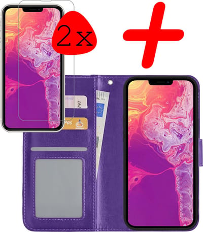 Hoesje Met 2x Screenprotector - Geschikt voor Apple iPhone 14 Pro - Luxe Pasjeshouder - Bookcase Portemonee - Flip Case - Kunstleer Book Case - Flipcase Hoes - Book Cover - Walletcase - Portemonneehoes - Paars