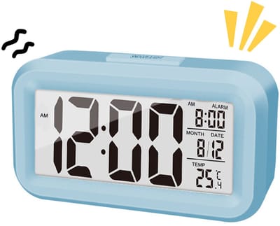 longziming -Digitale Wekker met Groot LCD Display – Kalender, Temperatuur, 12/24-uurs Weergave, Nachtlicht & Sluimerfunctie – Compact, Geluidsloos en Draagbaar – Batterijgevoed – Blauw