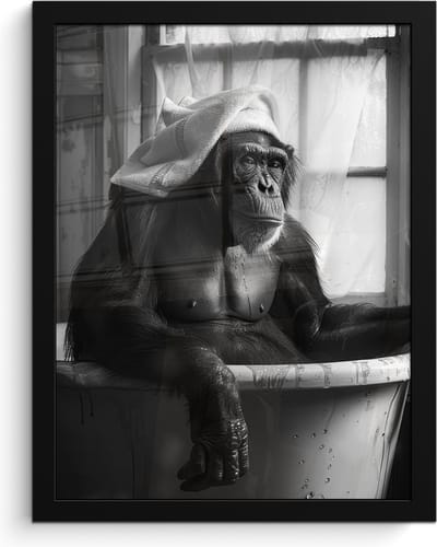 Poster in lijst - Fotolijst 30x40 cm - Posters - Aap - Dier - Bad - Zwart - Wit - Humor - Posterlijst zwart - Wanddecoratie badkamer - Muurdecoratie WC - Decoratieve accessoires - Toilet muur decoratie