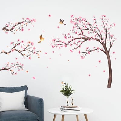 Dailygoods - APOMOONS Muursticker boom wanddecoratie grote kersenbloesem muursticker vogels op tak muursticker slaapkamer woonkamer hangende sofa achtergrond raam kersenbloesem deco bloemen roze 171 x 109 cm