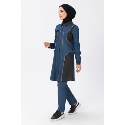 Rits Detail Hijab Denim Outfit Donkerblauw