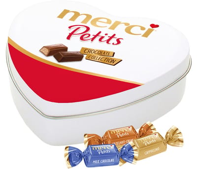 merci Petits 115g - Geschenkdoos hartje met mix van individueel verpakte mini chocolaatjes - Chocolade cadeau - Chocolade mix in tinbox