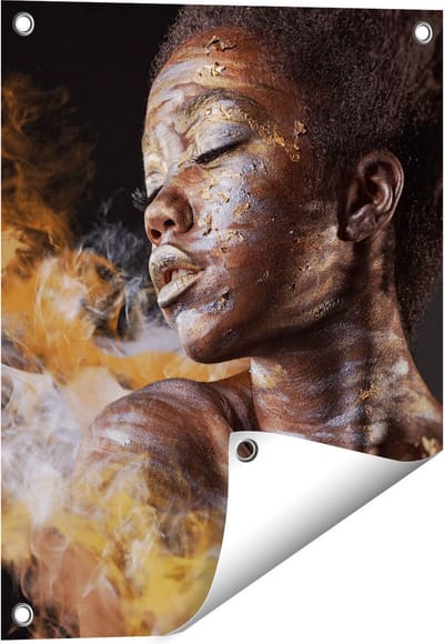 Gards Tuinposter Afrikaanse Vrouw met Zilver en Goud - 40x50 cm - Tuindoek - Tuindecoratie - Wanddecoratie buiten - Tuinschilderij