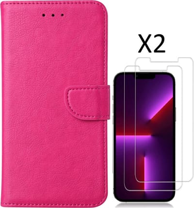 Hoesje Geschikt voor iPhone 14 Pro – bookcase met 2 stuks screenprotector tempered glass – Roze