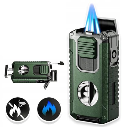 Aansteker Met 3 Krachtige Branders - V-Vormige Snijder - Windbestendig Vlamregelaar - Geschenkverpakking Van Zinklegering - Perfect Cadeau