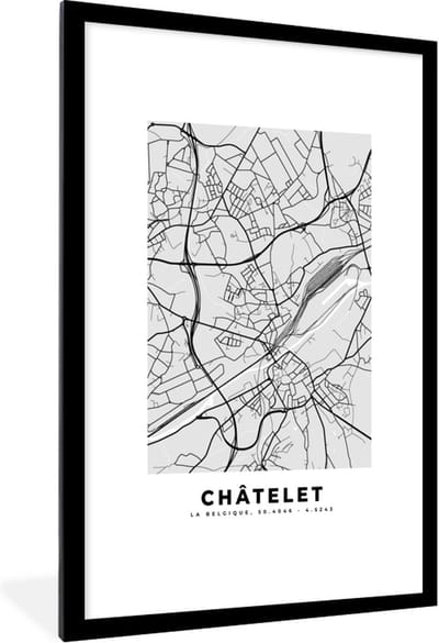 Fotolijst incl. Poster Zwart Wit- België – Châtelet – Stadskaart – Kaart – Zwart Wit – Plattegrond - 80x120 cm - Posterlijst