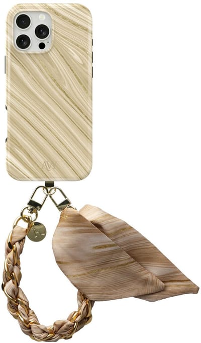 AVY Hoesje Met Telefoonkoord | Geschikt voor Apple iPhone 16 Pro Max | Compatibel met MagSafe | Hard Shell Back Cover | Stijlvol Bijpassend Koord 32CM | Aurum Gold | Goud