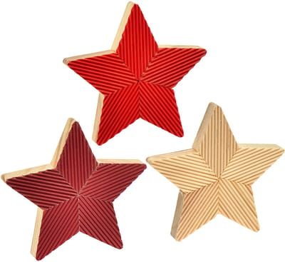 Houten kerststerren sterren gecanneleerd rood naturel 11cm 3 st, 3 Stü