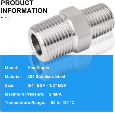 Dailygoods- Zeskantnippel 304 Roestvrij Staal - Verloopstuk 3/4" x 1/2" BSP - Koppeling - Industrieel - Voor Water/Lucht/Gas - Geschikt voor Diverse Buizen - Buisverbinding