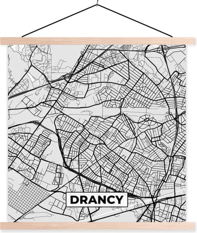Posterhanger incl. Poster 40x40 cm - Schoolplaat - Kaart - Stadskaart - Drancy - Plattegrond - Frankrijk - Textielposter - Blanke latten - Stadskaart