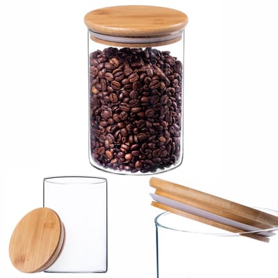 KADAX Glazen container met bamboedeksel, vaatwasmachinebestendige voorraadpotten, luchtdichte voorraaddozen, opbergglas, opbergdoos voor spaghetti, meel, muesli of koffie (rond, 1040 ml)