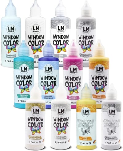 LM-Kreativ Raamverf set - Met Contourkleur - Glasverf voor knutselen - Magic Moments - 12 x 80 ml