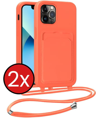 Hoesje Geschikt voor iPhone 13 Pro Hoesje Met Telefoonkoord en Pasjeshouder Siliconen - Hoes Geschikt voor iPhone 13 Pro Hoesje Met Kaarthouder Case - Papaya - 2 PACK