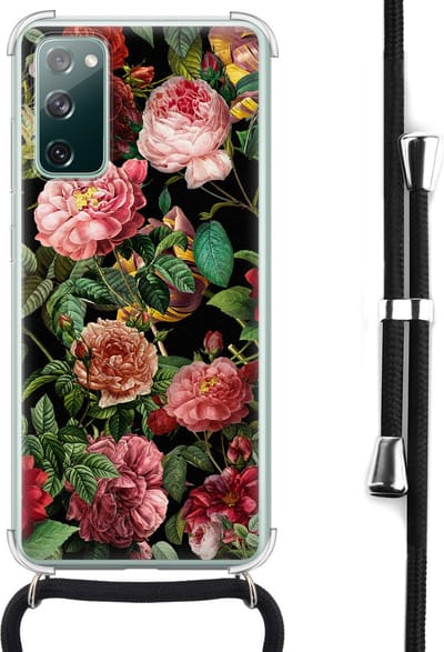 Hoesje met koord - Geschikt voor Samsung Galaxy S20 FE - Rode bloemen - Verstelbaar zwart koord - Crossbody - Bloemen - Transparant - Leuke Telefoonhoesjes