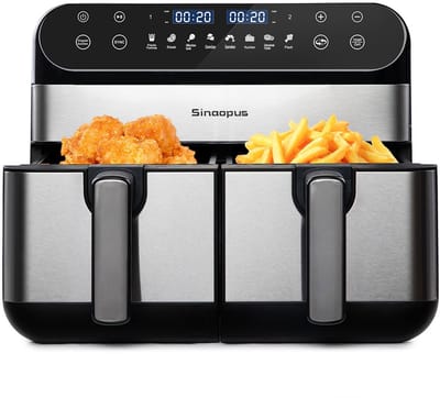 Digitale Airfryer XXL 9L Sinaopus 920 – Heteluchtfriteuse met Dubbele Mand en DualMand Onafhankelijke Snelle Opwarming – Voor Gezinnen – 8 Programma’s – LED Touchscreen – Kijkvenster – Makkelijk te Reinigen – Capaciteit voor 7 Personen