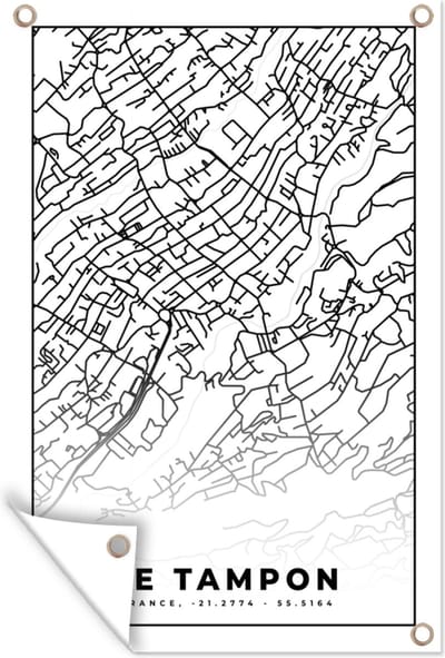 Muurdecoratie Stadskaart - Plattegrond - Kaart - Le Tampon - Frankrijk - Zwart wit - 120x180 cm - Tuinposter - Tuindoek
