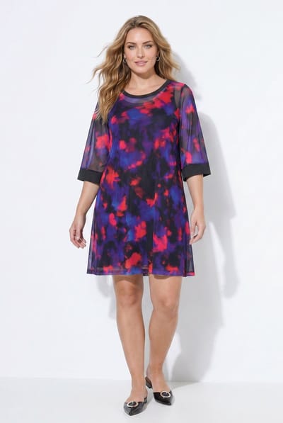 MIAMODA - Dames - Mesh jurk A-lijn all-overprint ondoorzichtige onderjurk - Zwart - Maat 42