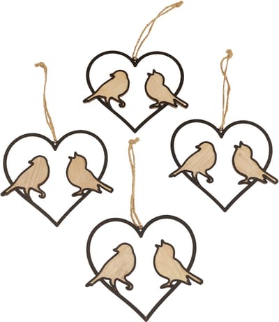 Hangdecoratie hart met vogels decoratie om op te hangen 12 cm 4 stuks,