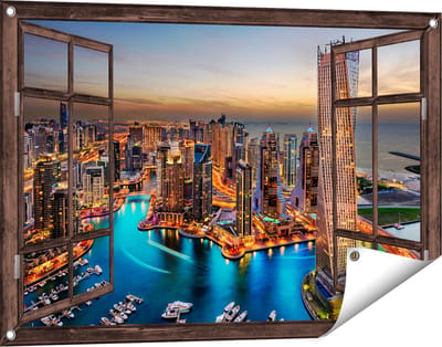 Gards Tuinposter Doorkijk Dubai Haven met de Stad - 90x60 cm - Tuindoek - Tuindecoratie - Wanddecoratie buiten - Tuinschilderij