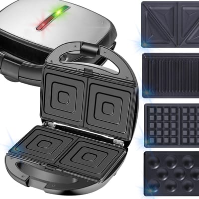 5w1 broodrooster: broodrooster, grill, wafel, pinda's-wisselbare tegels, 1200W, veilig, modern design, zwart