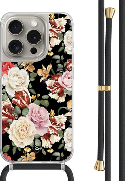 Casimoda® hoesje met zwart koord - Geschikt voor iPhone 15 Pro - Bloemen flowerpower - Afneembaar koord - TPU/polycarbonaat - Multi