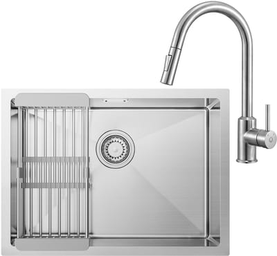 CECIPA Max Spoelbak voor keuken 60x44cm - Inbouwspoelbak - Spoelbakken Keuken Met Keukenkraan Met Uittrekbare Uitloop - Spoelbak Met Verstelbaar Mandje - Met Afdruiprek - RVS