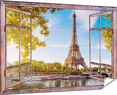 Gards Tuinposter Doorkijk Eiffeltoren in Parijs aan het Water - 180x120 cm - Tuindoek - Tuindecoratie - Wanddecoratie buiten - Tuinschilderij