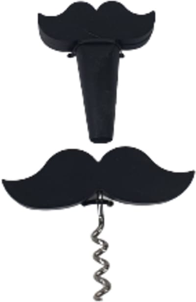 Wijn set moustache - Zwart / Zilver - Kunstof - Wijnopener - Wijnkurk - Opener - Kurk - Cadeauset - Giftset - Geschenkset - Vaderdag