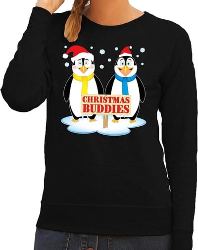 Bellatio Decorations Foute kersttrui - sweater - pinguin vriendjes - zwart - voor dames - Kersttruien XS