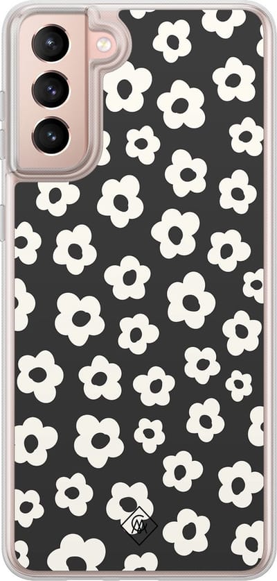 Casimoda® hoesje - Geschikt voor Samsung Galaxy S21 - Retro Bloempjes - 2-in-1 case - Schokbestendig - Bloemen - Verhoogde randen - Zwart, Transparant
