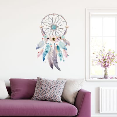 Muurstickers - Boheemse dromenvanger met veren en fantasiemotief - Transparante achtergrond - 150x90cm