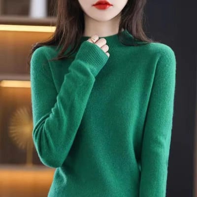 Lange Mouw Trui Dames Half Turtleneck Losse T-shirt Veelzijdig Gebreid Onderkant Shirt Dames Top M donkergroene kleur
