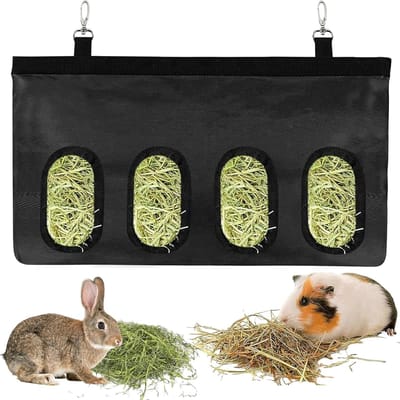 Opknoping Konijn Hooi Feeder Bag 4 Gaten Zwart, Automatische Hooi Opslag Feeder voor Kleine Huisdieren, Cavia Hamster Hooi Voeding Bag