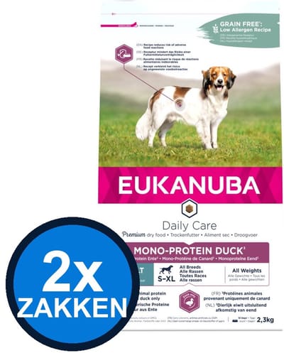 3x Eukanuba - Daily Care Dog Adult Mono-protein Duck - Hondenvoer Droogvoer - 2.3 kg