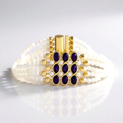 Cavill - Armband 925 Sterling Zilver Verguld - 9 Amethist 4,05 ct & 8 Maansteen 1,08 ct - Elegante Magneetsluiting - Paars Wit