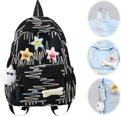 KZQ Schattige Y2K rugzak met sterrenaccessoires en pluche hangers nylon 30x14x40 cm voor meisjes basisschool en middelbare school zwart