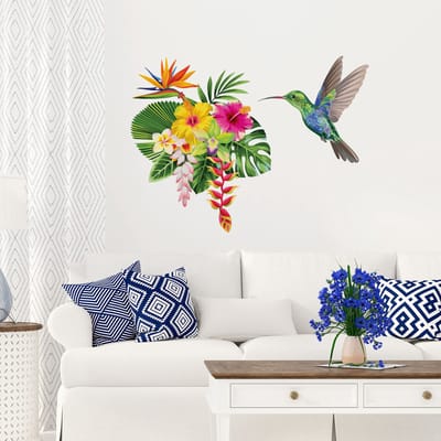 Muurstickers - Tropische bloemen en kolibrie - Transparante achtergrond - 100x120cm