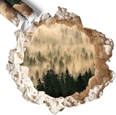 Wallfluent 3D Muursticker - Mystiek bos 3D Wandsticker Gat In De Muur - 60x58 cm - Beige 3D Sticker Gat In Stenen Muur - 3D Sticker Optische Illusie Gat - Zelfklevende Muursticker 3D Gat - Zelfklevende 3D Wandsticker Illusie