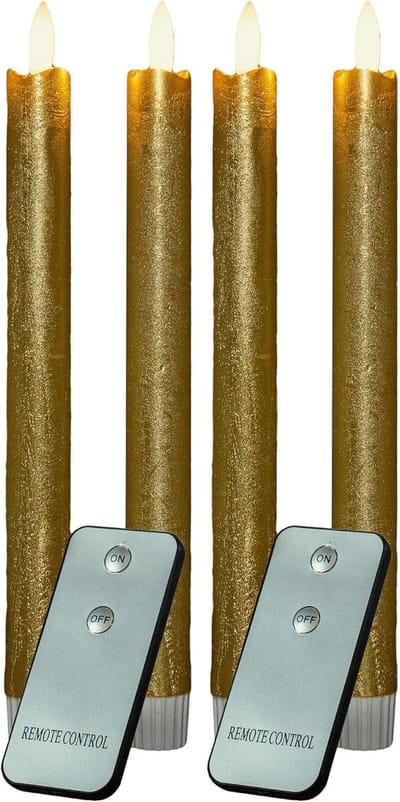 LED-kaarsen met timer GOUD 4 stuks GOUD voor binnen - 6 uur - ECHTE WAS 23 cm hoogte voor kaarsen 2,2 cm diameter 2 AAA-batterijen vereist LED-kaarsen met flikkerende vlam bewegende vlam licht