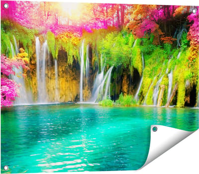 Gards Tuinposter Waterval met Roze en Groene Bloemen - 80x60 cm - Tuindoek - Tuindecoratie - Wanddecoratie buiten - Tuinschilderij