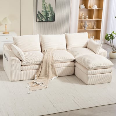 Modulaire 3-zits Corduroy Bank (met voetenbank), 3-Zits Hoekbank L-Bank – incl. kussens en 2 zijvakken, 3-laags Schuim + Veringkern voor Snelle Terugvering. Vrij combineerbaar – Ideaal voor Woonkamers, Kantoren en Meer, Beige
