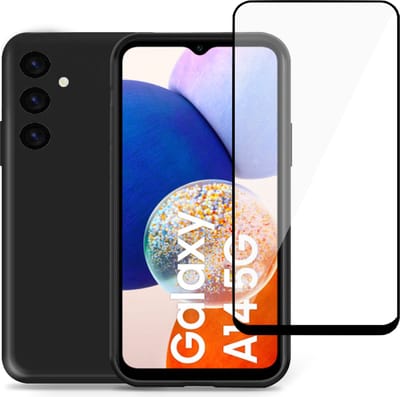 Hoesje geschikt voor Samsung A14 5G + Screenprotector – Full Screen Tempered Glass - Liquid Back Case Cover Zwart