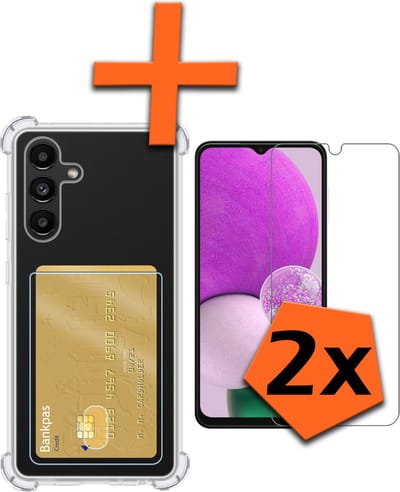 Hoes - Geschikt voor Samsung Galaxy A13 4G - Met 2x Screenprotector - Pashouder - Kaarthouder - Telefoon Hoesje Shockproof - Siliconen Case - Back Cover - Shock Proof - Pasjes Houder - Transparant