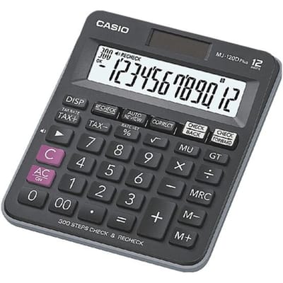 Casio MJ-120DPLUS Bureaurekenmachine Zwart Aantal displayposities: 12 werkt op zonne-energie, werkt op batterijen (b x h x d) 126.5 x 28.6 x 148 mm