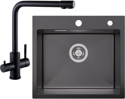 SOFETIY MAX Spoelbak voor keuken 50x45cm Antraciet - Spoelbak Keuken Met 3 Wege Keukenkraan - Wasbak Keuken met waterafvoersysteem - Keukenwasbak voor Inbouw- of Bovenmontage