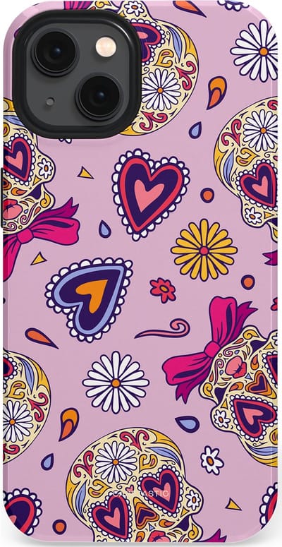 Casetastic hoesje geschikt voor Apple iPhone 13 - MagSafe - Dubbellaagse bescherming - Dia de los Muertos Doodshoofd Strik - Fashion Case - Lichtroze Lila Taupe Zilver