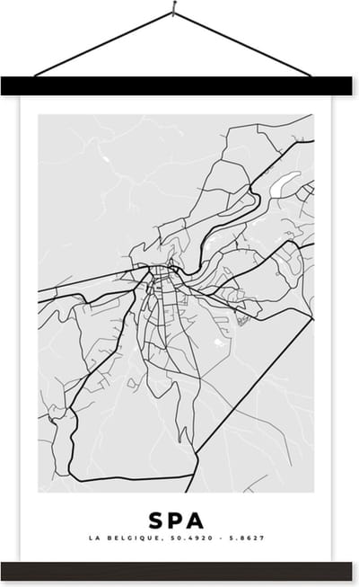 Posterhanger incl. Poster 40x60 cm - Schoolplaat - België – Spa – Stadskaart – Kaart – Zwart Wit – Plattegrond - Textielposter - Zwarte latten - Stadskaart