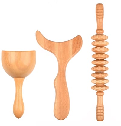 Dailygoods- Massagegereedschap 3-in-1 - Massagerollenset - Hout - Stressverlichting - Anti-cellulitistherapie - Huidvriendelijk - Massageroller