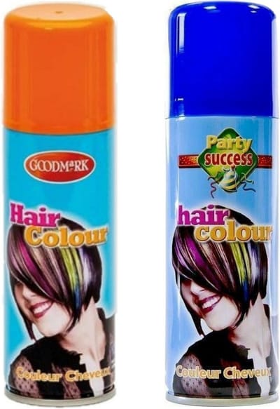 Goodmark Carnaval verkleed haarverf - haarspray - kleuren oranje en blauw - 125 ml per flacon - verven